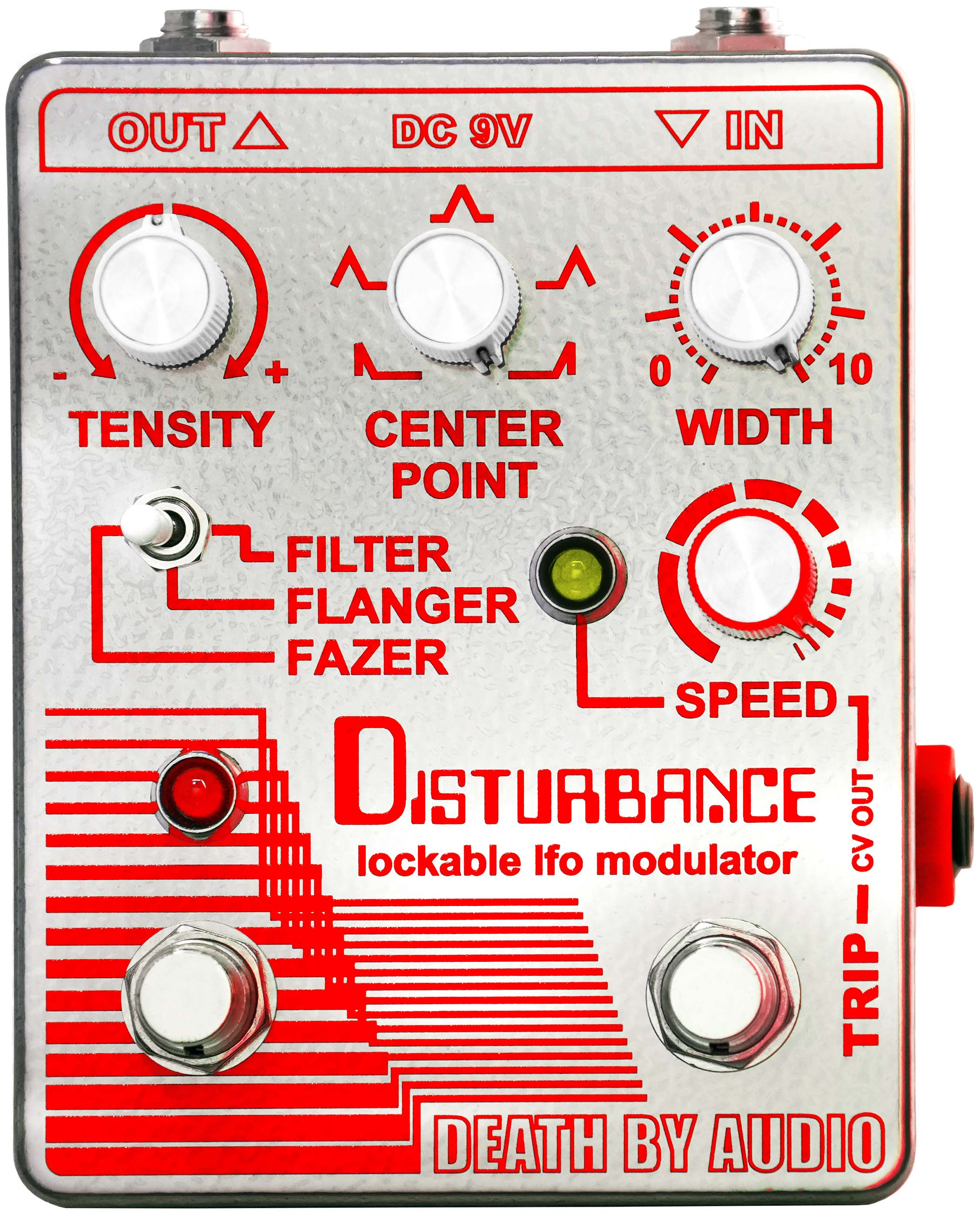 Death by Audio Disturbance filter flanger and phaser pedal, top view with TENSITY, CENTER POINT, WIDTH and SPEED knobs and the FILTER FLANGER FAZER toggle