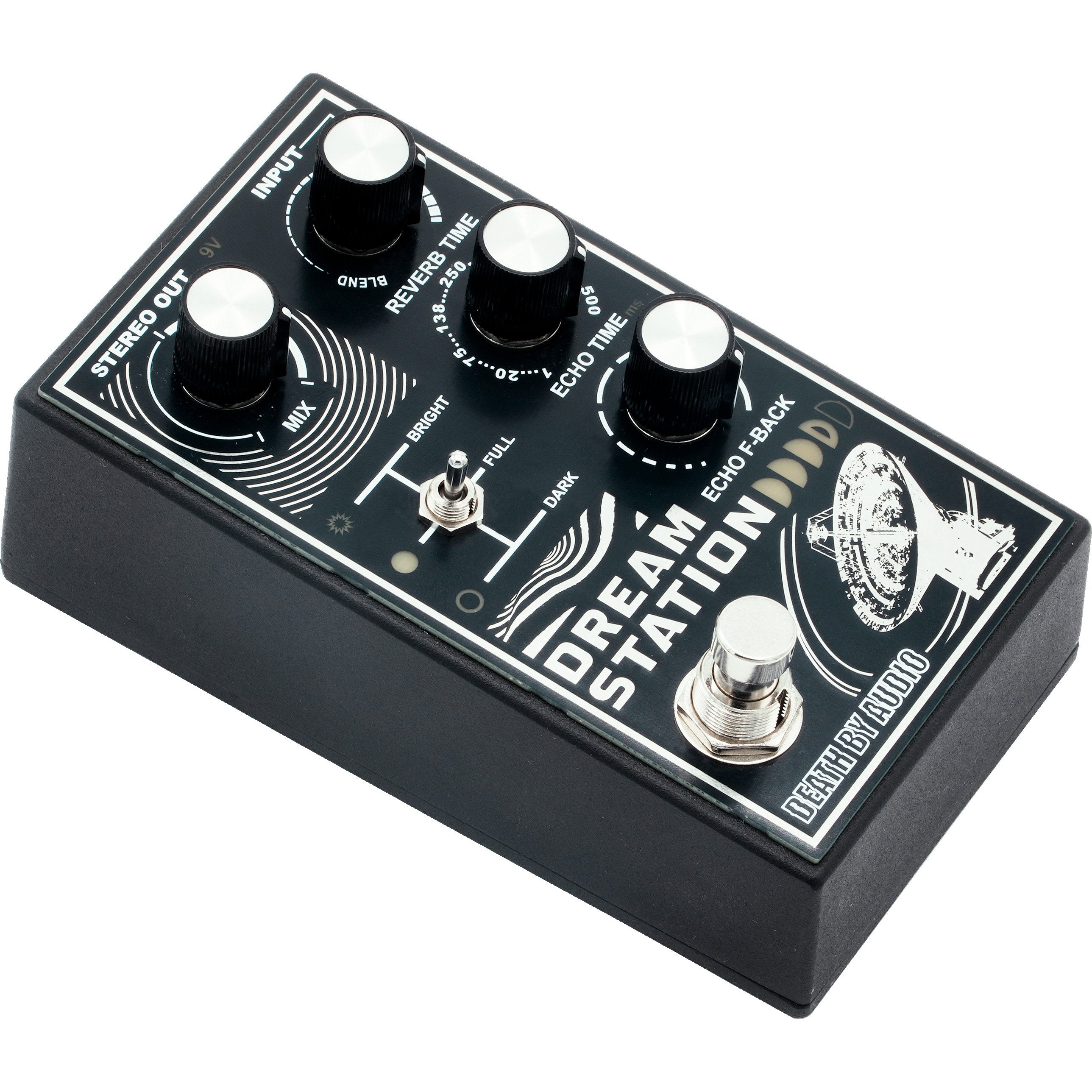 Death by Audio Dream Station pedal from the front left, showing the enclosure depth and four silver control knobs