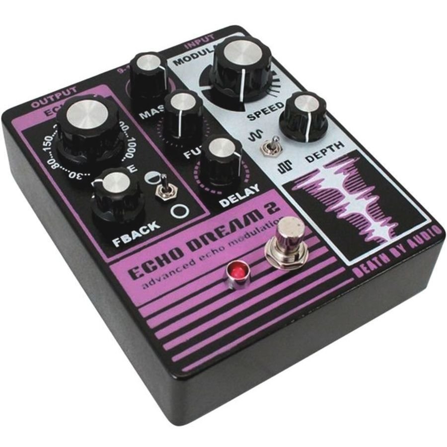 Death by Audio Echo Dream 2 pedal from the front right, showing the purple faceplate and mini toggle switches