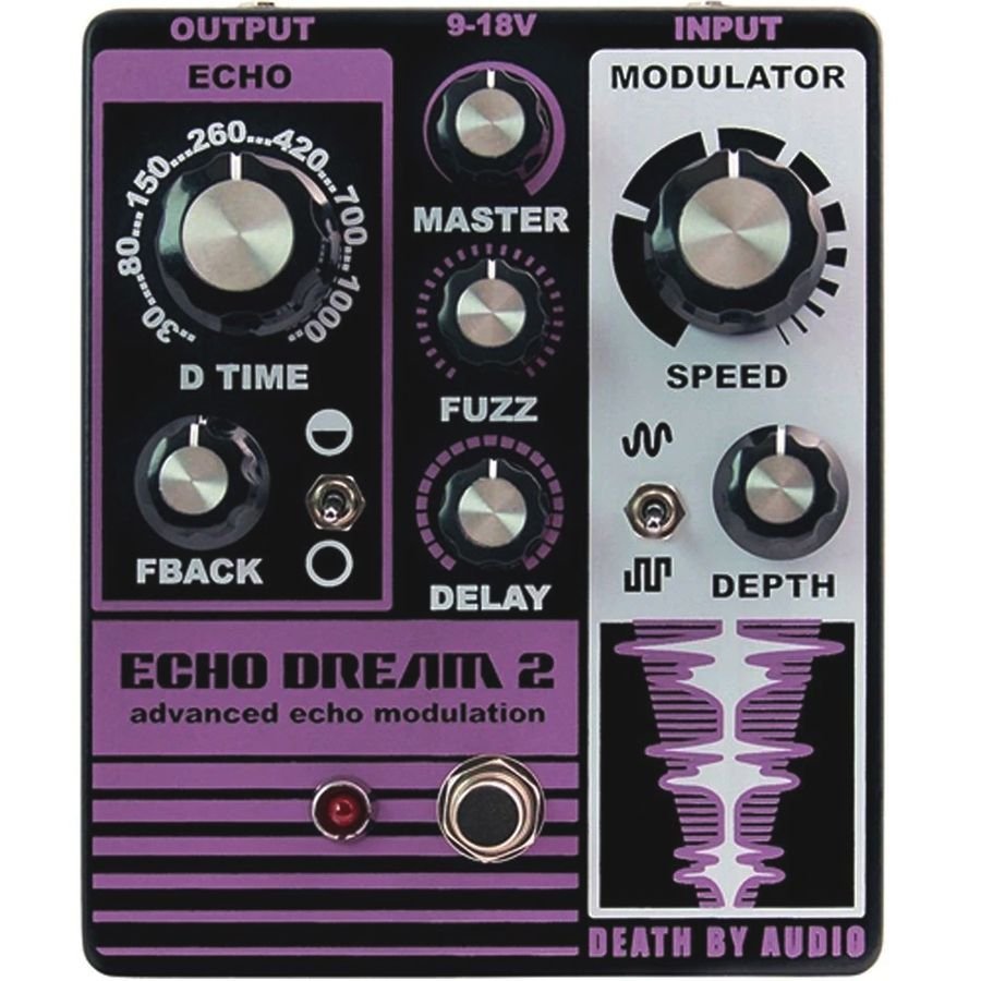 Death by Audio Echo Dream 2 delay pedal, top view of the purple and black enclosure with D TIME, FBACK, MASTER, FUZZ, DELAY, SPEED and DEPTH controls