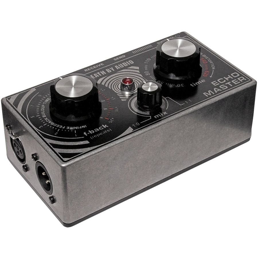 Death by Audio Echo Master seen from the rear right with both XLR connectors and the control face in view