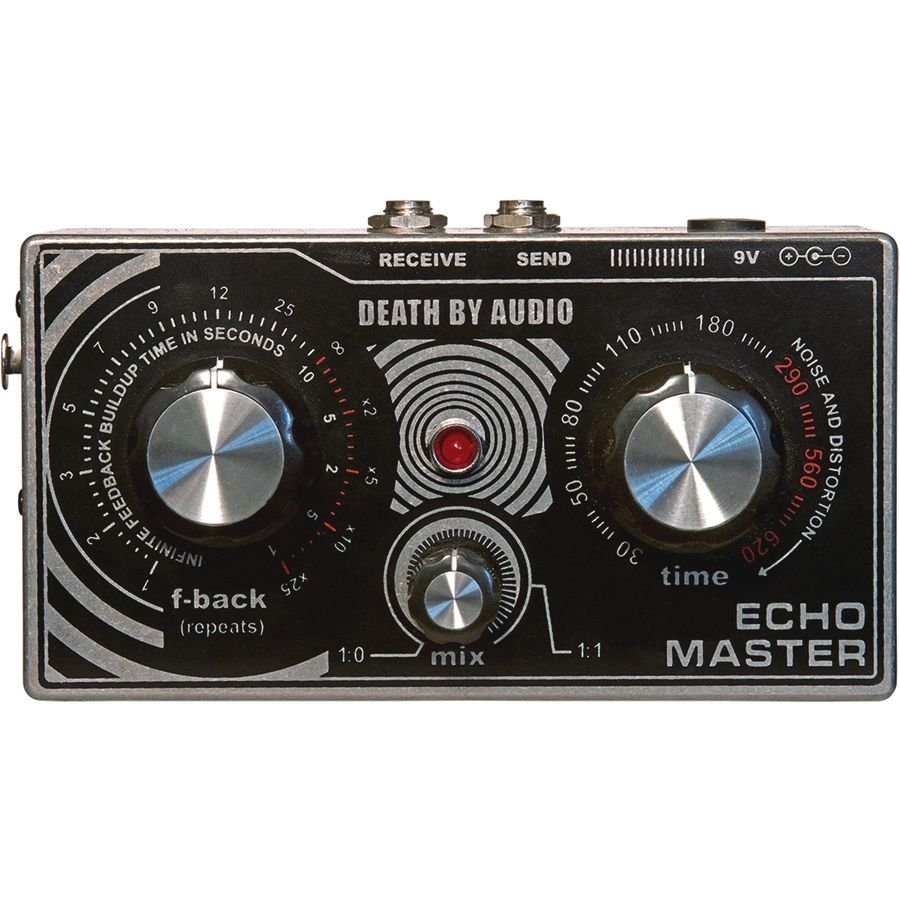 Death by Audio Echo Master vocal delay unit, top view with f-back and time knobs, mix knob and the red noise and distortion zone on the delay scale