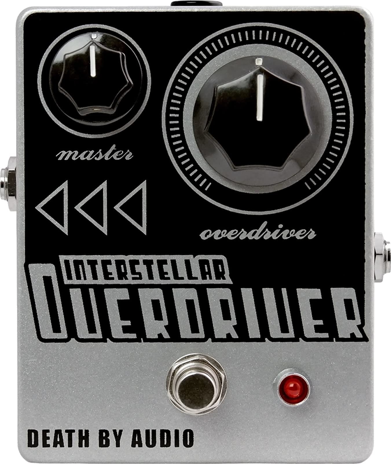 Death by Audio Interstellar Overdriver pedal, top view of the silver enclosure with the master and overdriver knobs and side mounted jacks