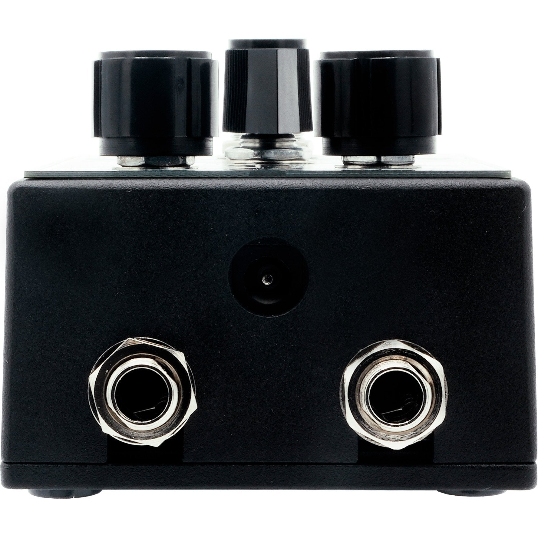 Rear panel of the Death by Audio Moonbeam Phaser with the TRS input and stereo output jacks and 9V DC socket