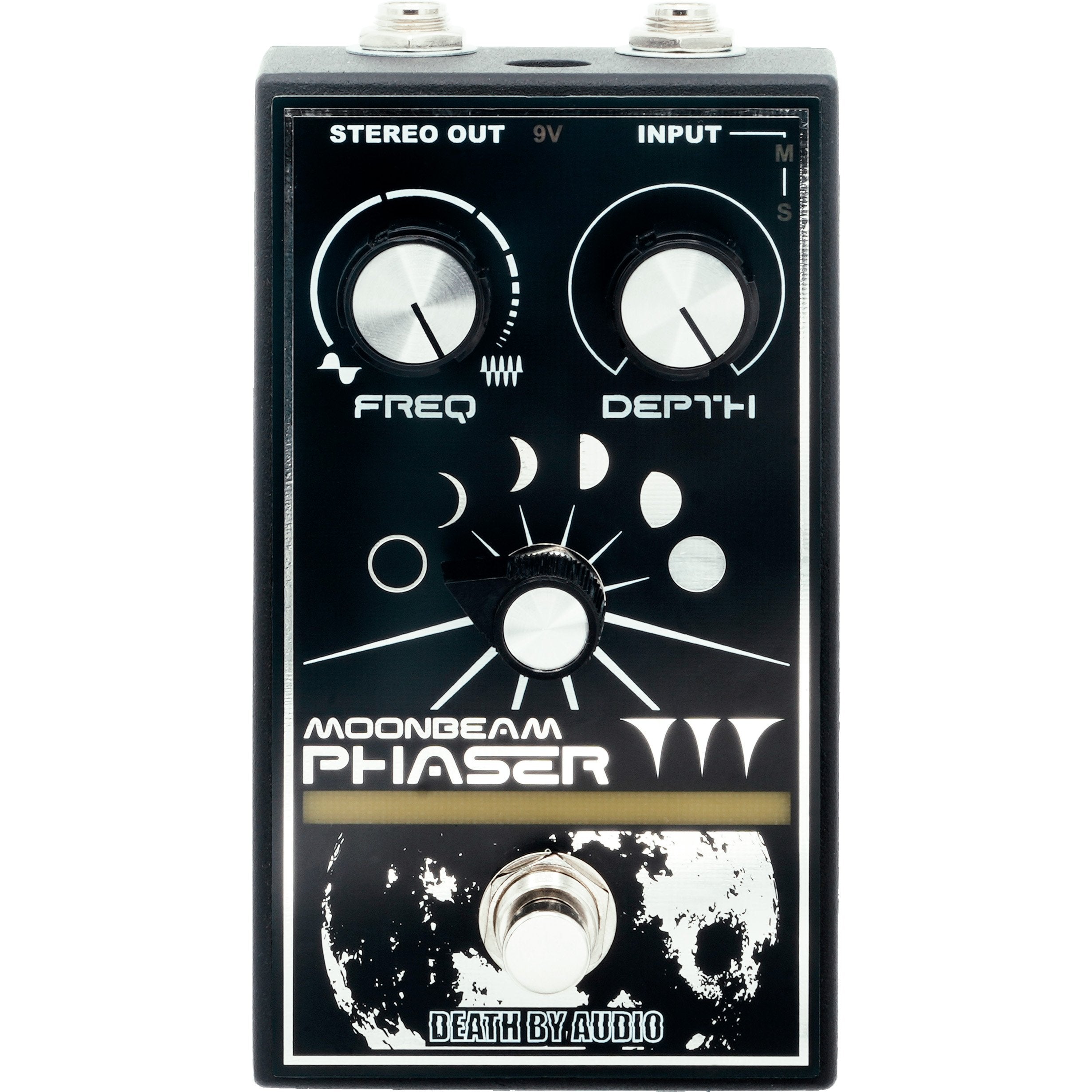 Death by Audio Moonbeam Phaser pedal, top view of the black enclosure with FREQ and DEPTH knobs and the stage indicator glowing amber