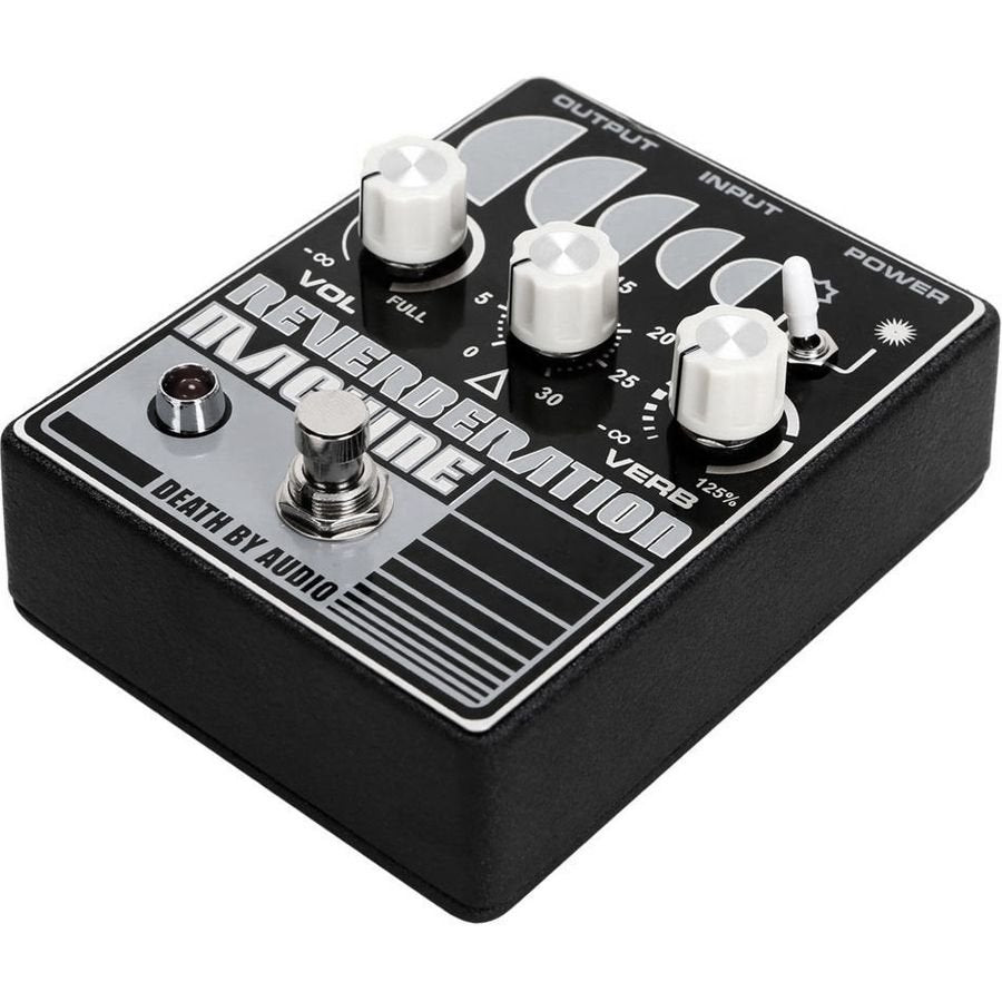 Death by Audio Reverberation Machine pedal from the front left with the moon phase row and VOL knob in view