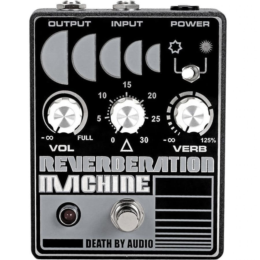 Death by Audio Reverberation Machine pedal, top view with VOL, altitude and VERB knobs, the dark and light toggle and moon phase graphics