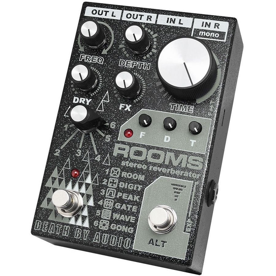 Death by Audio Rooms pedal from the front right, showing the stereo jack labels, mode list and ALT footswitch