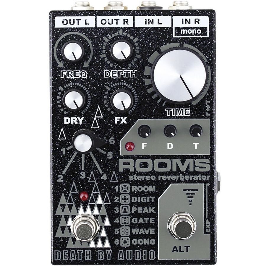 Death by Audio Rooms stereo reverberator, top view with FREQ, DEPTH, DRY and FX knobs, the large TIME knob and the six reverb mode list