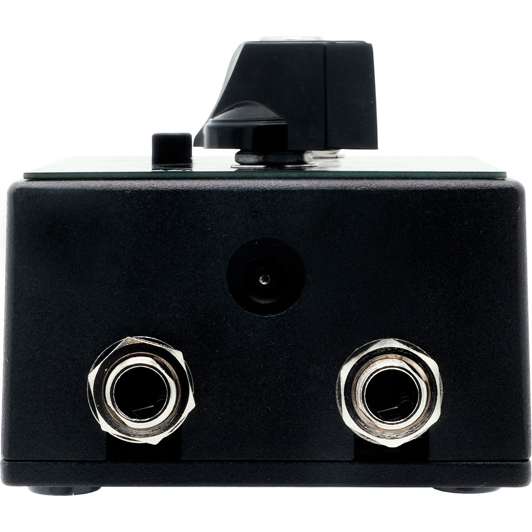 Rear panel of the Death by Audio Thee Treble Overload with the TRS input and output jacks and 9V DC socket