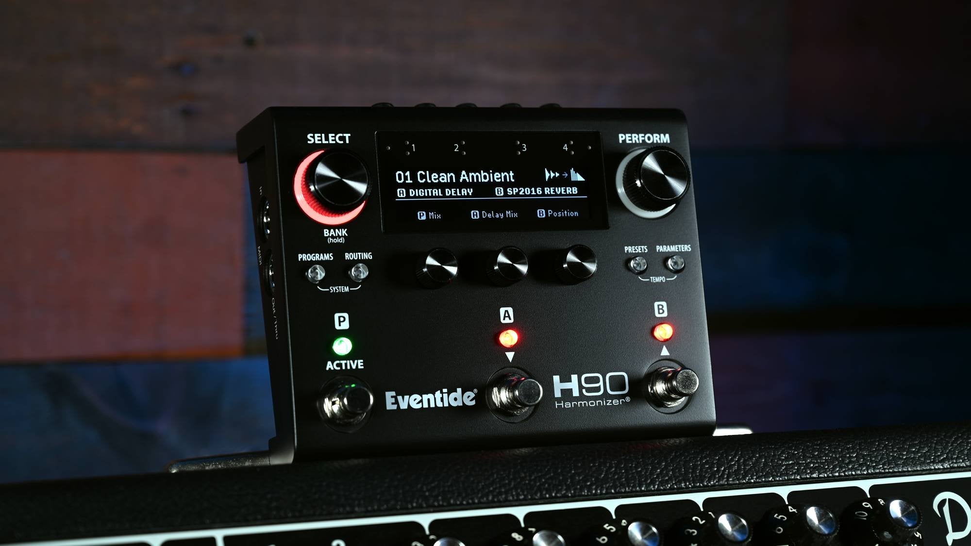 Eventide H90 Dark harmonizer pedal, installed on a pedalboard