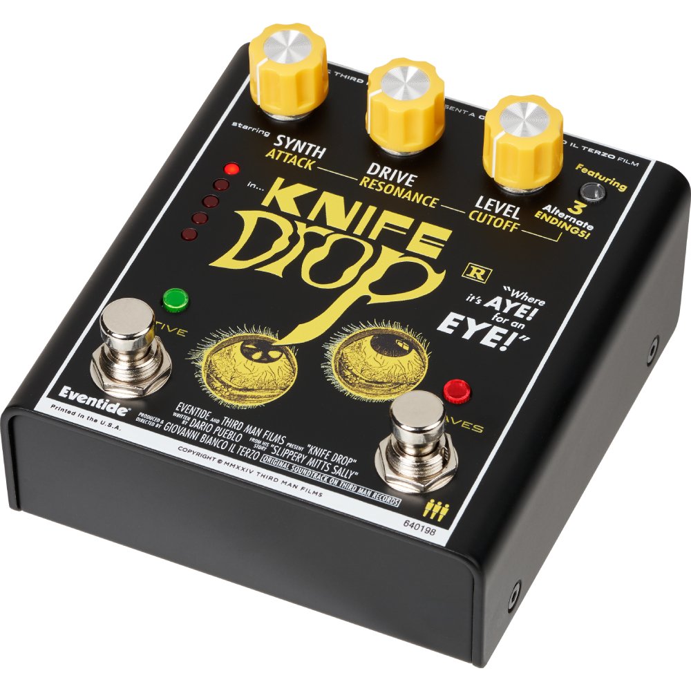 Eventide Knife Drop sub-octave fuzz pedal, high angled left view