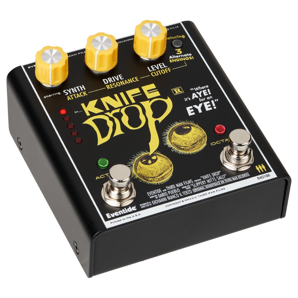 Eventide Knife Drop sub-octave fuzz pedal, high angled right view