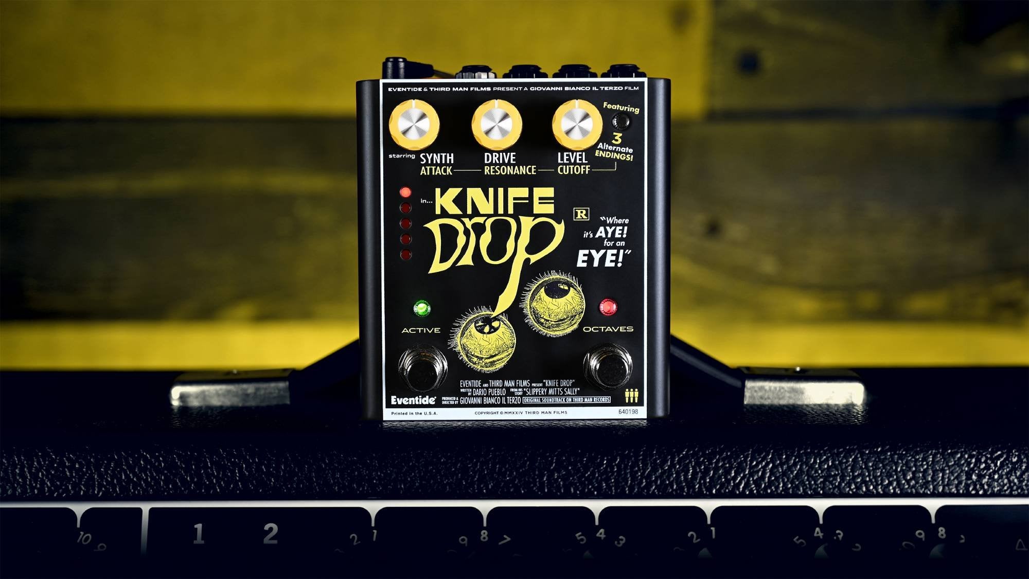 Eventide Knife Drop sub-octave fuzz pedal, lifestyle view with keyboard and amplifier