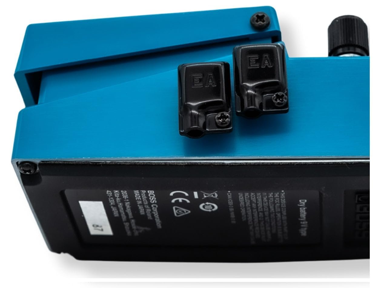 Evidence Audio ESP plugs (marked EA) installed on a blue Boss effects pedal (4mm, 10-pack)
