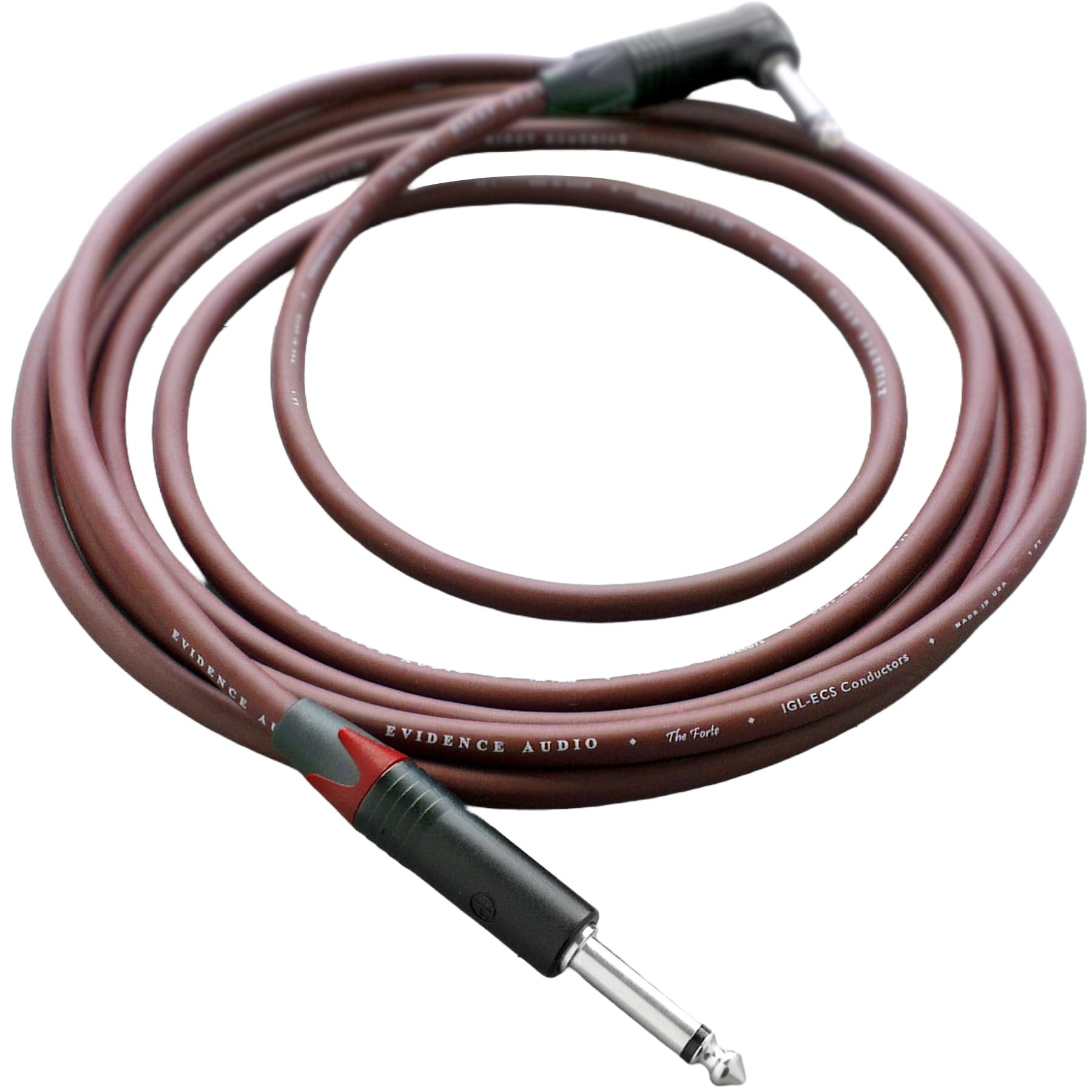 Evidence Audio Forte instrument cable coiled with straight plug, maroon jacket (20 ft, right-to-straight)