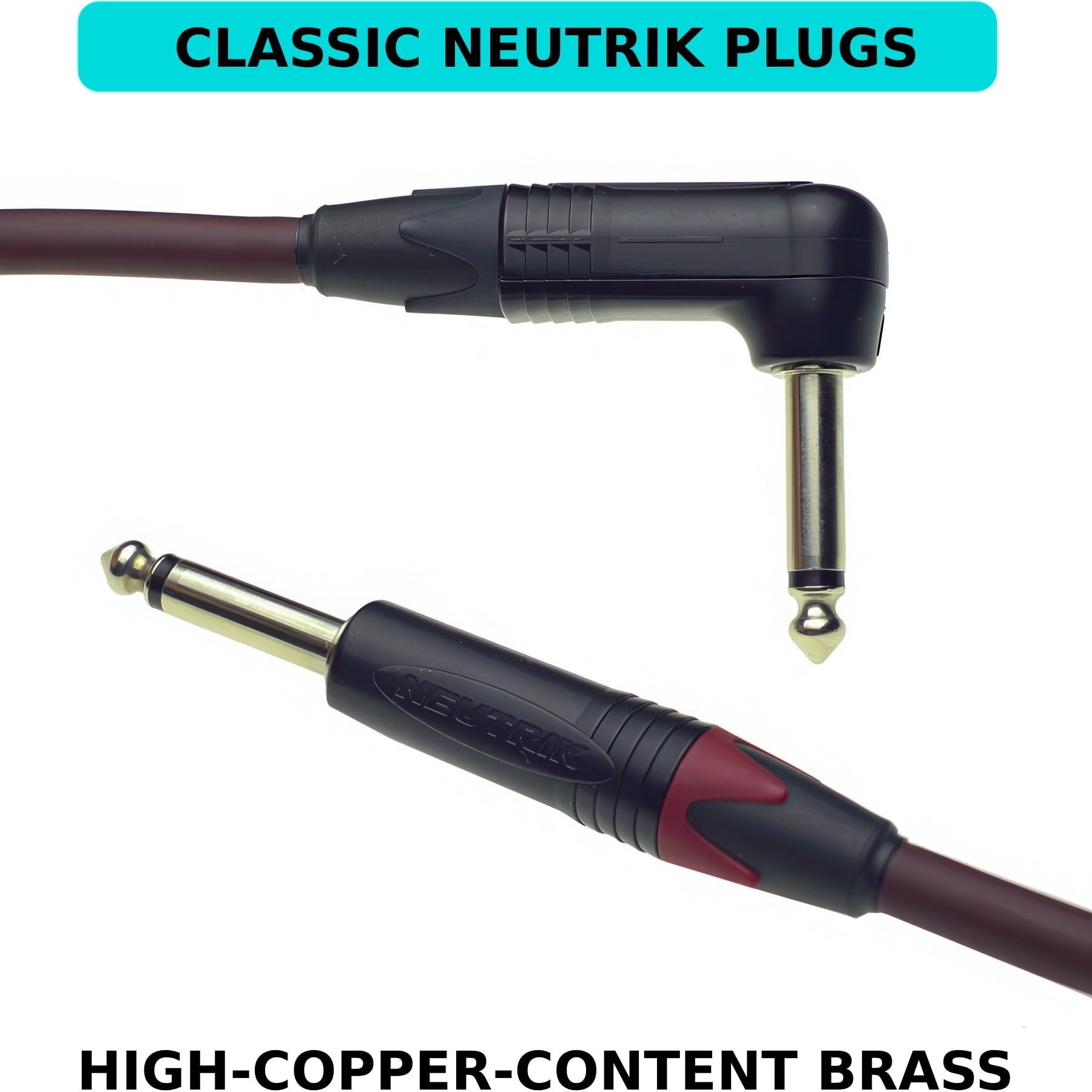 Close-up of Evidence Audio Forte cable's right-angle and straight Neutrik plugs, high-copper-content brass (20 ft, right-to-straight)