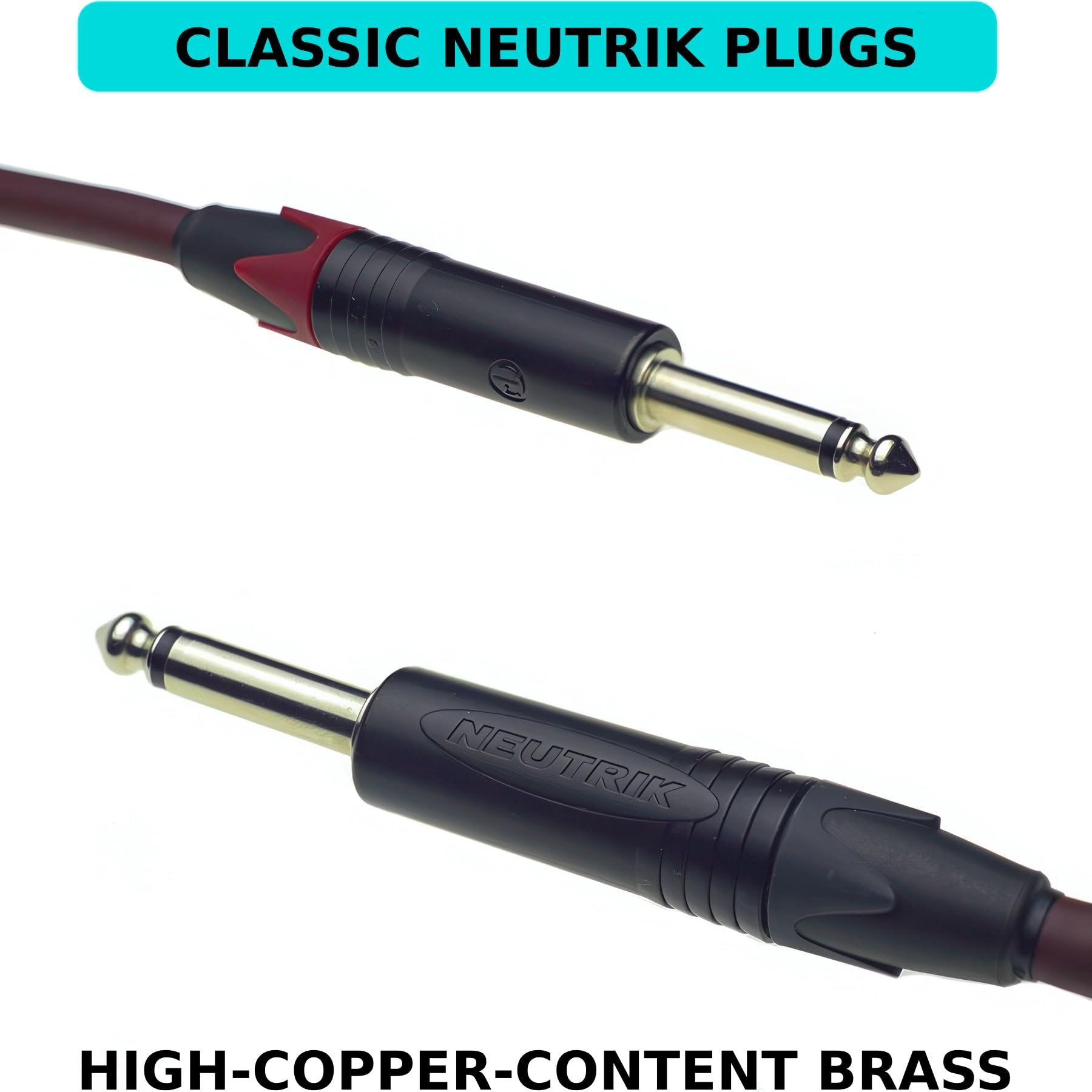 Close-up of Evidence Audio Forte cable's right-angle and straight Neutrik plugs, high-copper-content brass (20 ft, straight-to-straight)