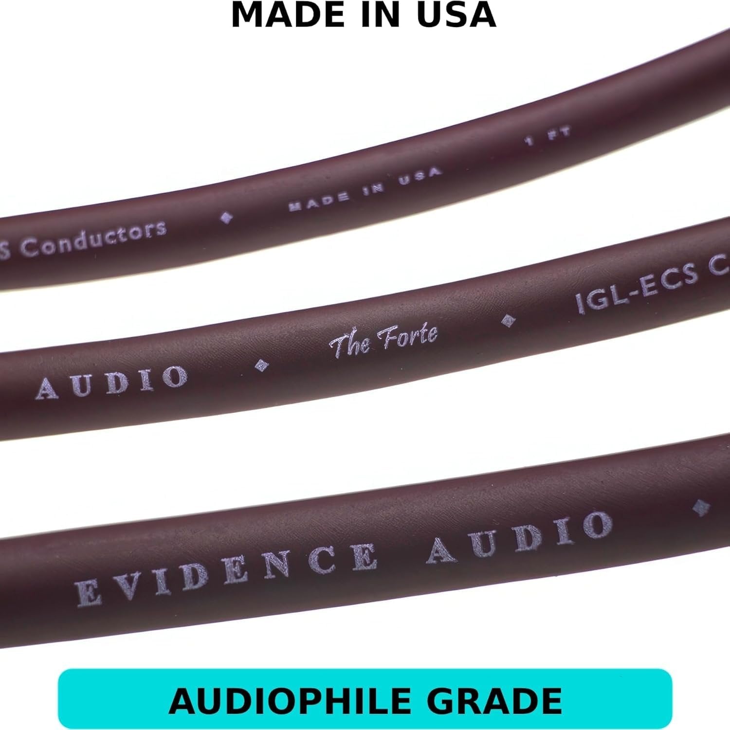 Close-up of Evidence Audio Forte cable jacket printing, labeled Made in USA and Audiophile Grade (10 ft)