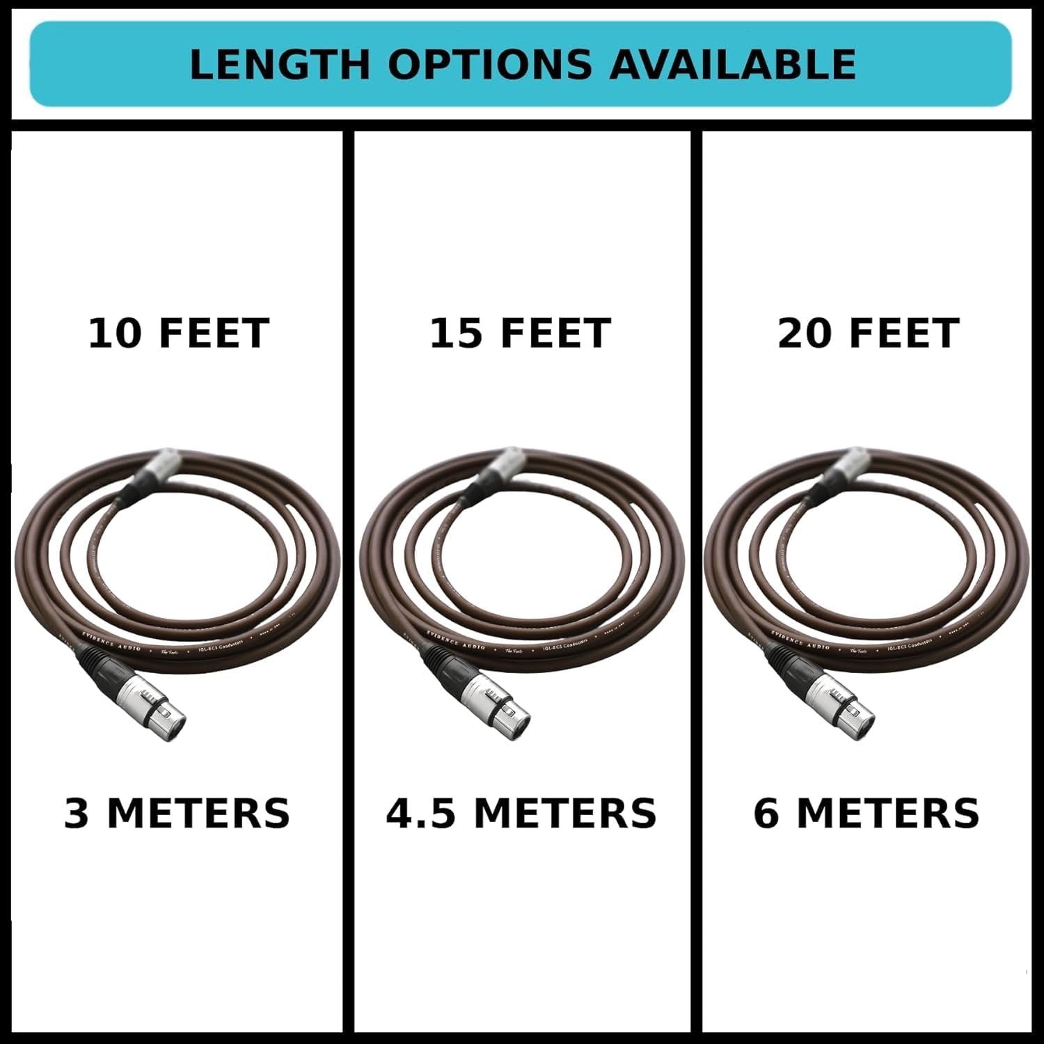 Length options chart for Evidence Audio Forte microphone cable: 10, 15, and 20 feet (10 ft)