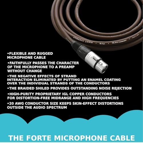 Evidence Audio Forte Microphone Cable bullet-point feature summary graphic (15 ft)