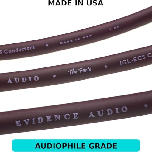 Close-up of Evidence Audio Forte cable jacket text, Made in USA and Audiophile Grade labels (20 ft)
