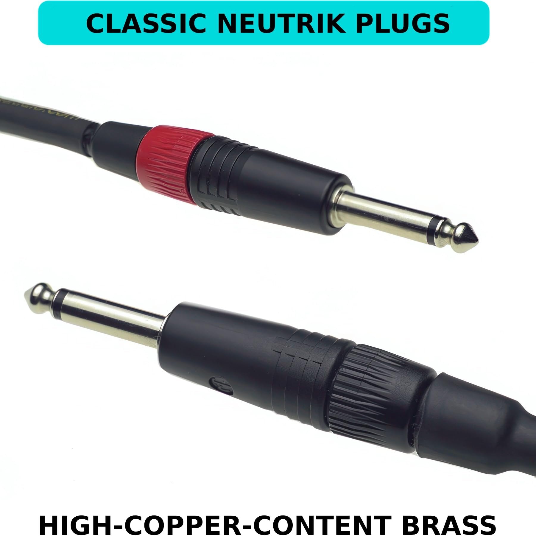 Close-up of Evidence Audio Lyric HG cable's right-angle and straight Neutrik plugs, high-copper-content brass (10 ft, straight-to-straight)