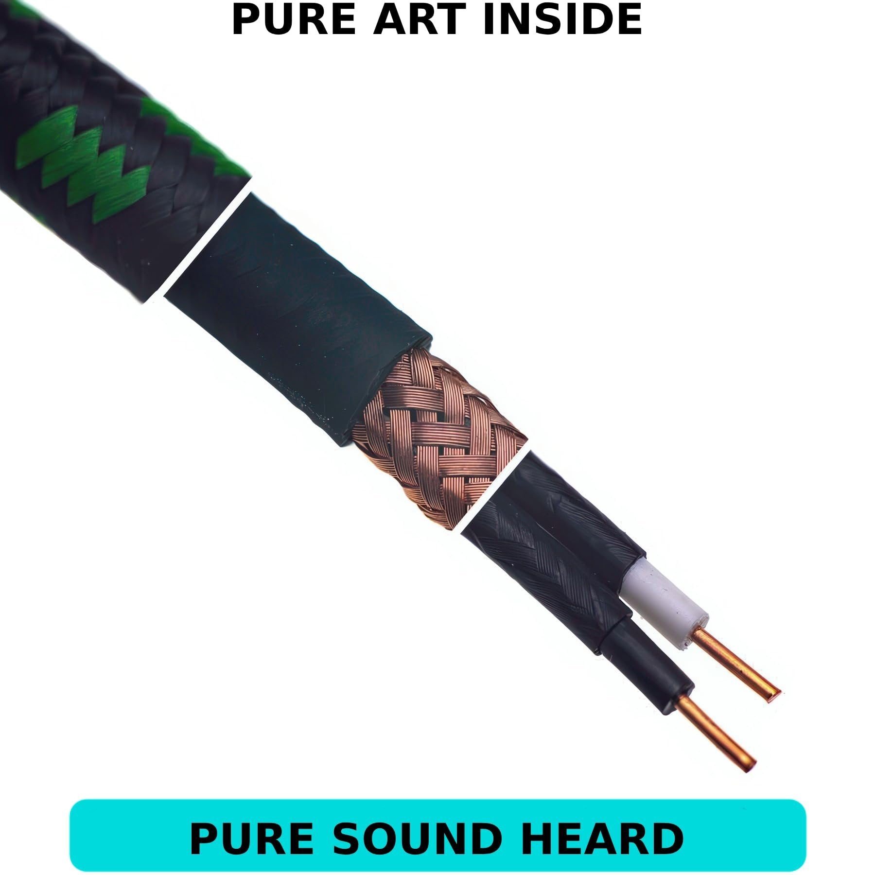Diagonal cutaway close-up of Evidence Audio Lyric HG cable showing copper braided shielding, labeled Pure Art Inside / Pure Sound Heard (15 ft)