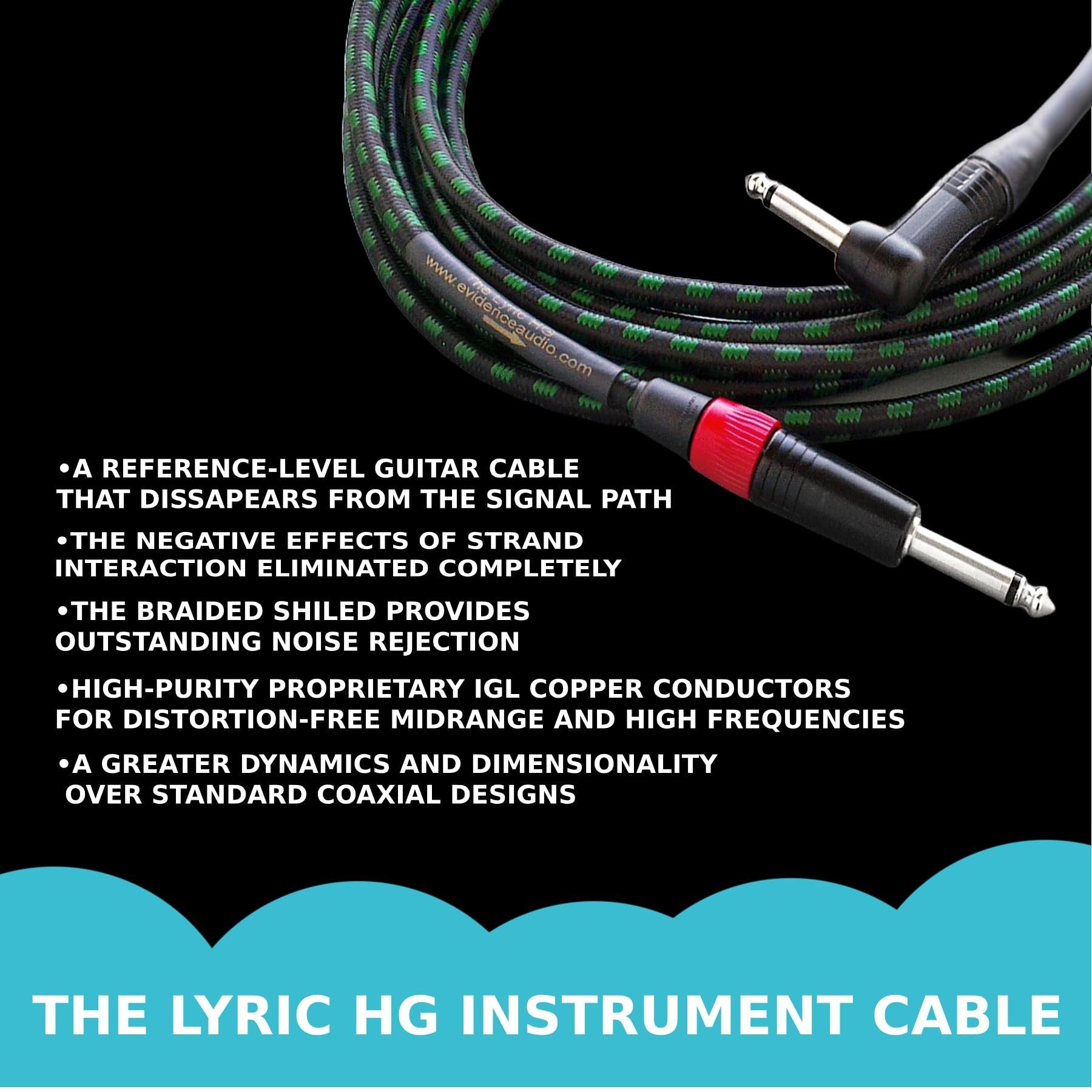 Evidence Audio Lyric HG Instrument Cable feature graphic listing benefits: reference-level guitar cable, IGL copper conductors, noise rejection (15 ft, straight-to-straight)