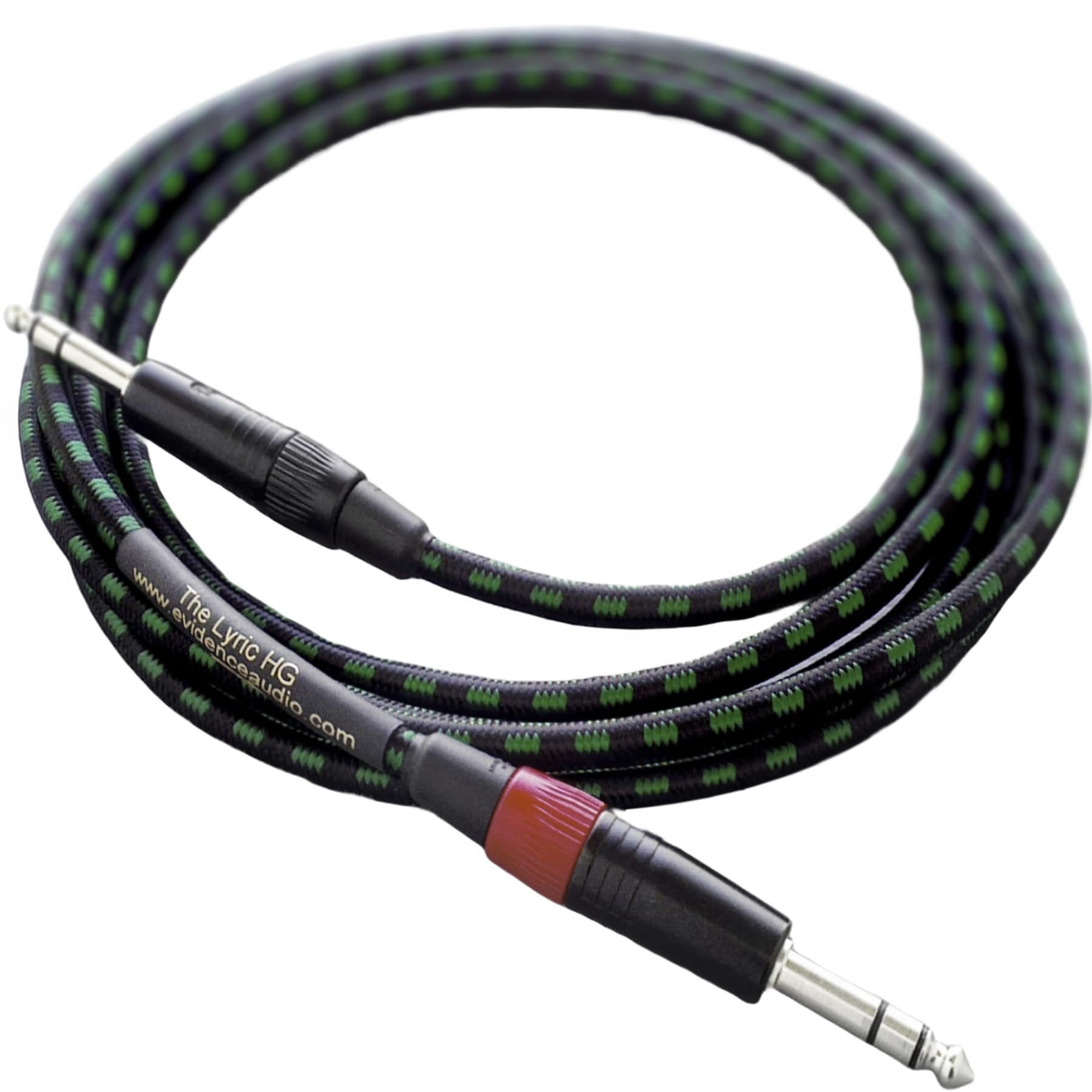 Evidence Audio Lyric HG instrument cable coiled, black and green braided jacket, straight plug (20 ft, straight-to-straight)