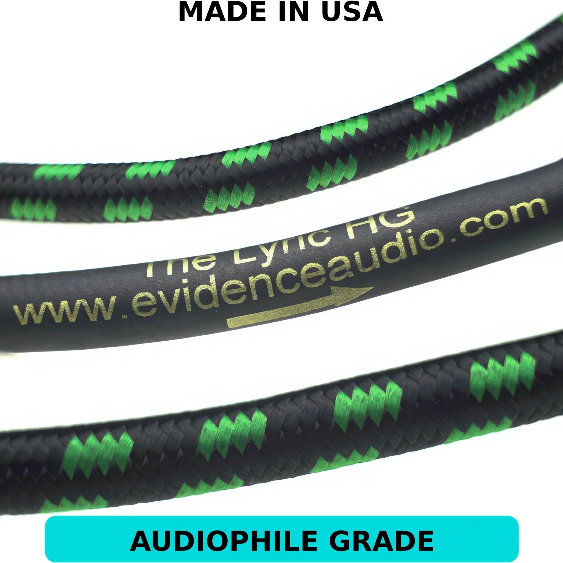 Close-up of Evidence Audio Lyric HG cable jacket printed with 'the Lyric HG', 'www.evidenceaudio.com', Made in USA, Audiophile Grade (20 ft, straight-to-straight)