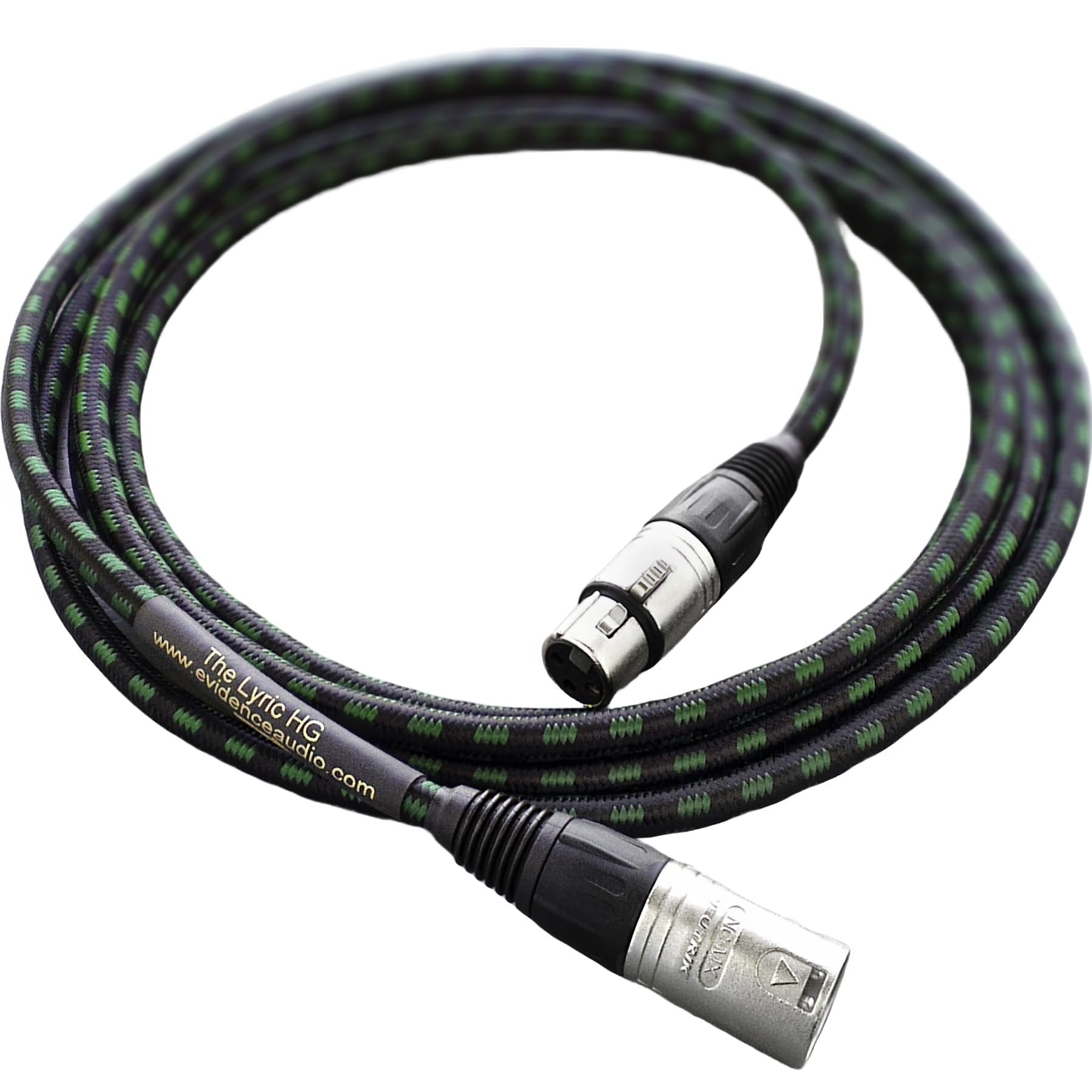 Evidence Audio Lyric HG XLR microphone cable coiled with black and green woven jacket and silver Neutrik connector (10 ft)