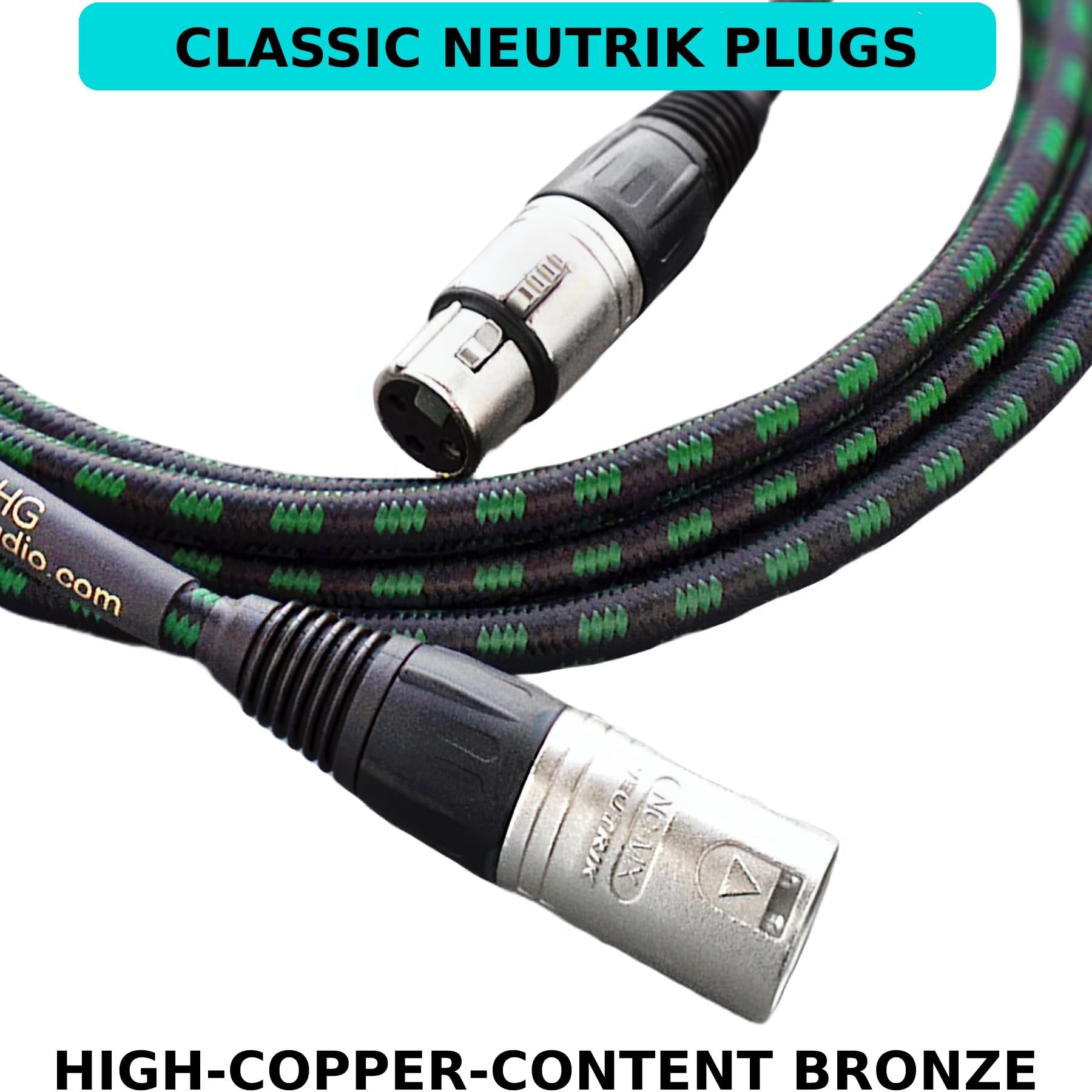 Evidence Audio Lyric HG cable Neutrik XLR connector close-up with high-copper-content bronze callout (10 ft)
