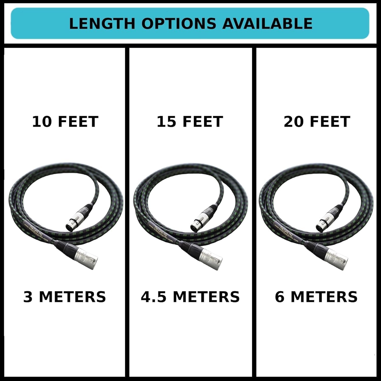 Length options chart for Evidence Audio Lyric HG microphone cable showing 10, 15, and 20 foot options (20 ft)