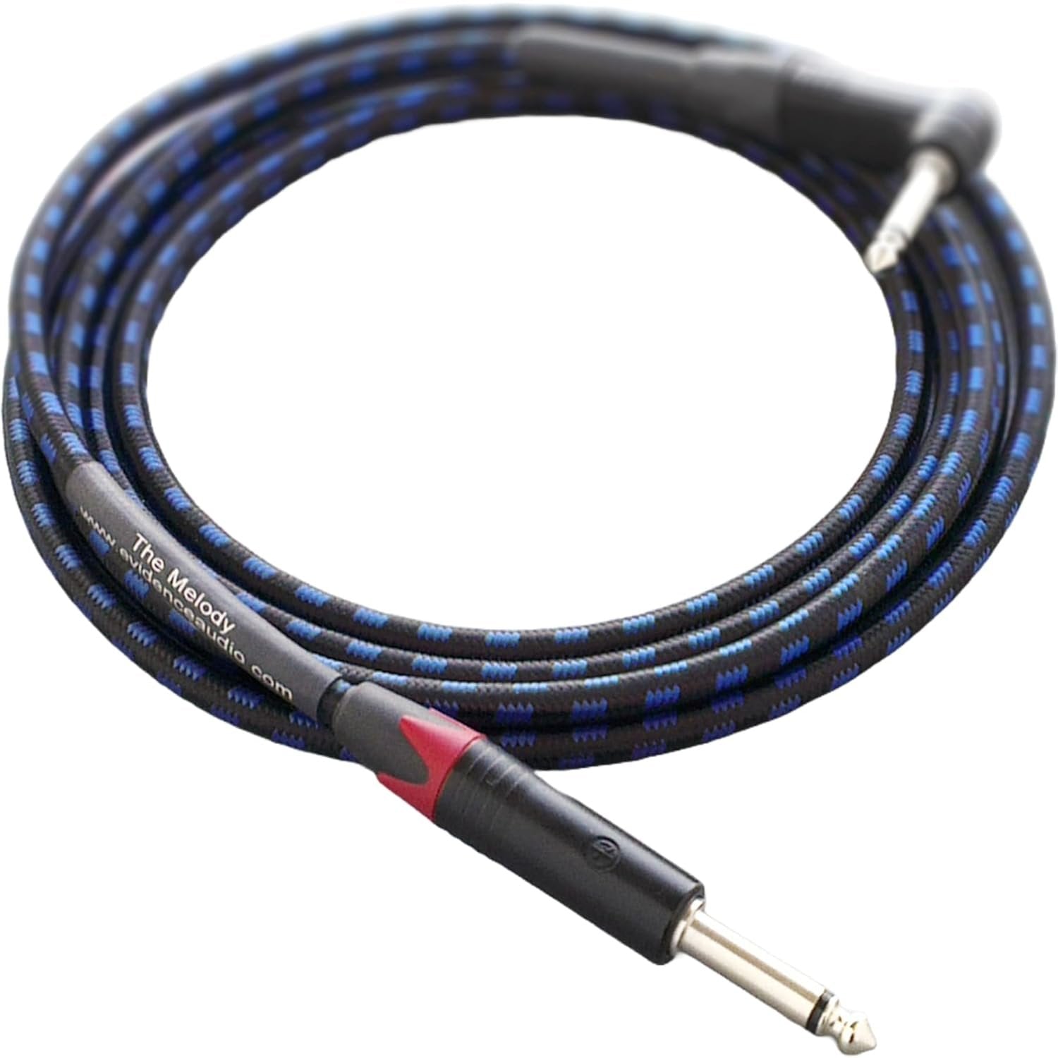 Evidence Audio Melody instrument cable coiled, black and blue braided jacket, straight plug (10 ft, right-to-straight)