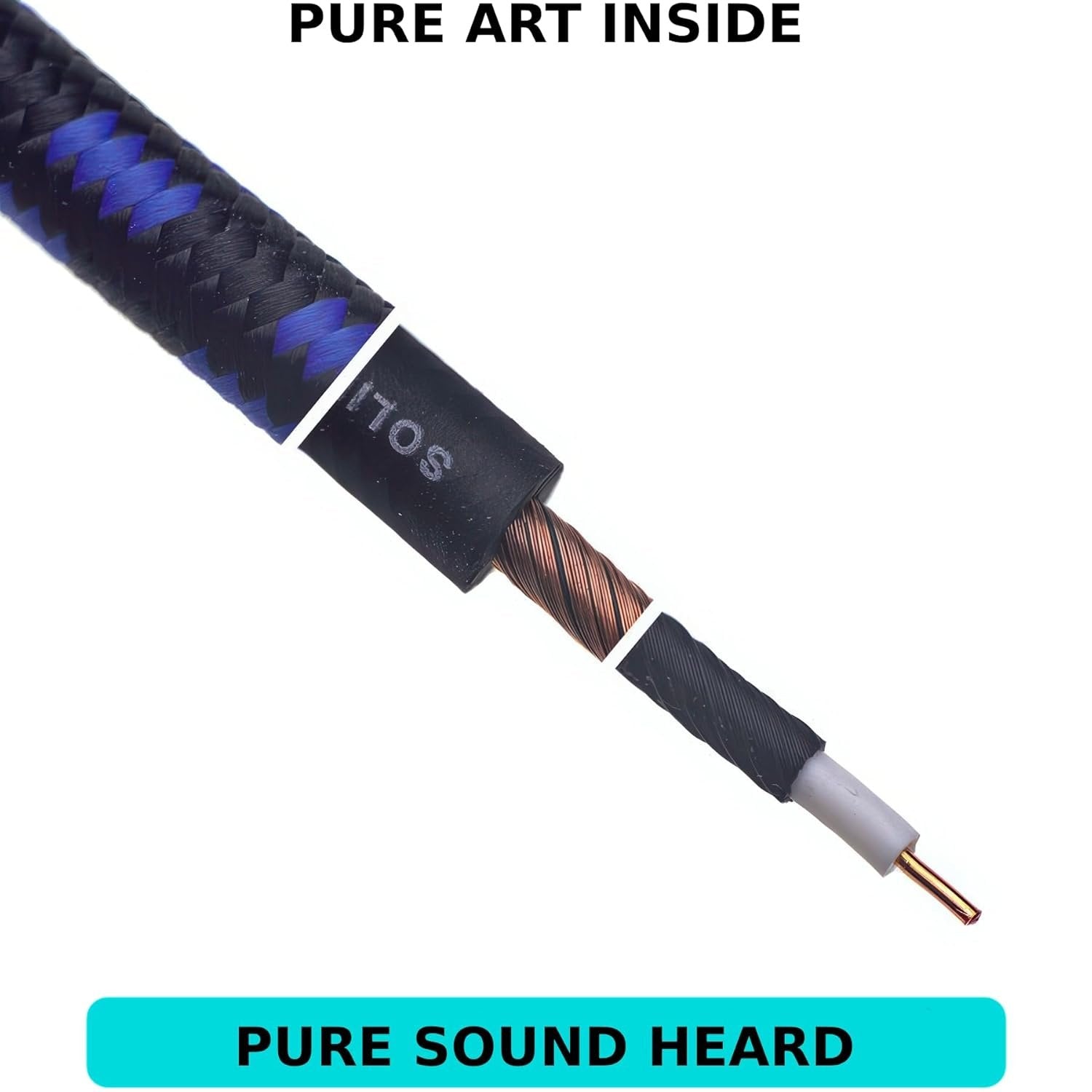 Diagonal cutaway close-up of Evidence Audio Melody cable showing copper braided shielding, labeled Pure Art Inside / Pure Sound Heard (10 ft, right-to-straight)