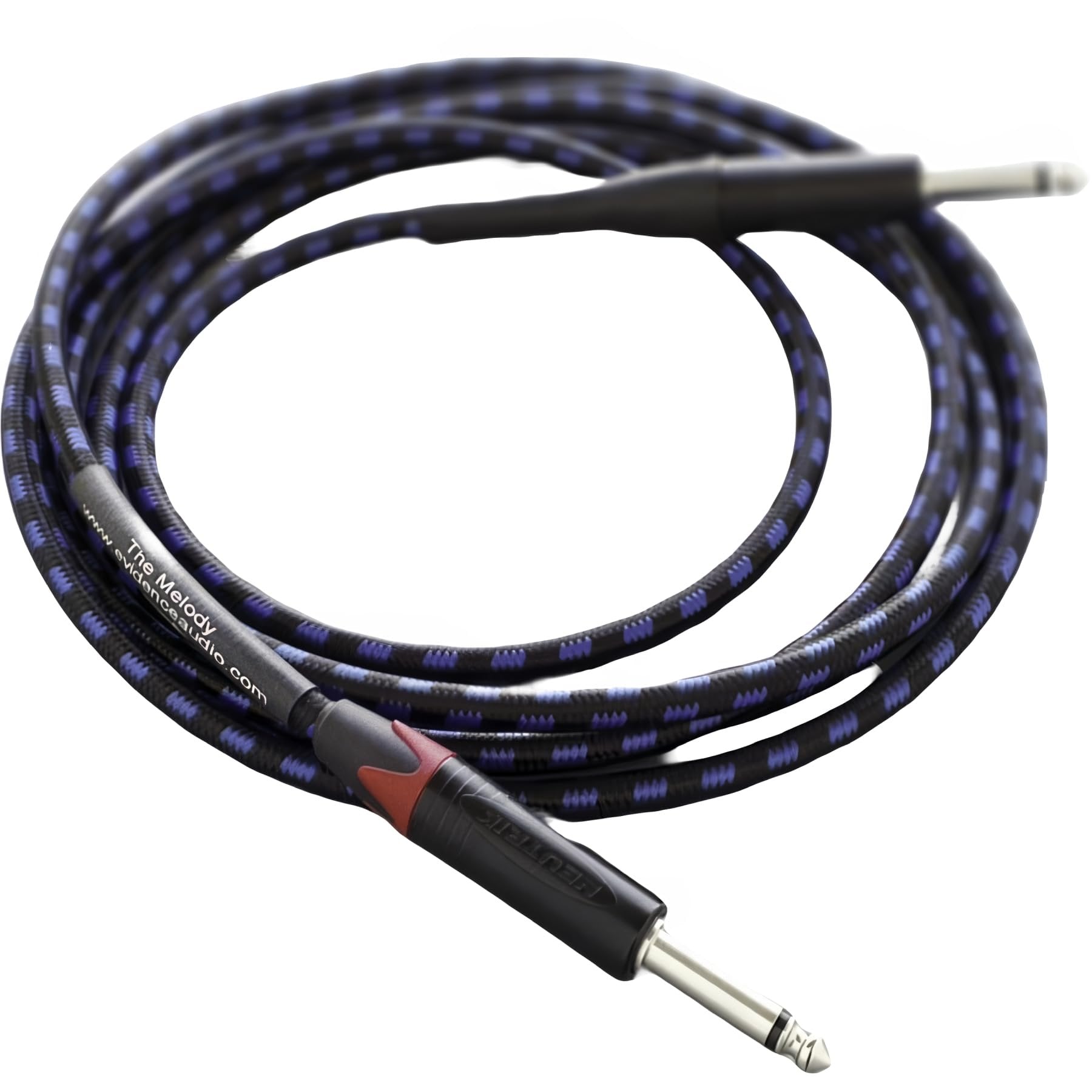 Evidence Audio Melody instrument cable coiled, black and blue braided jacket, straight plug (10 ft, straight-to-straight)