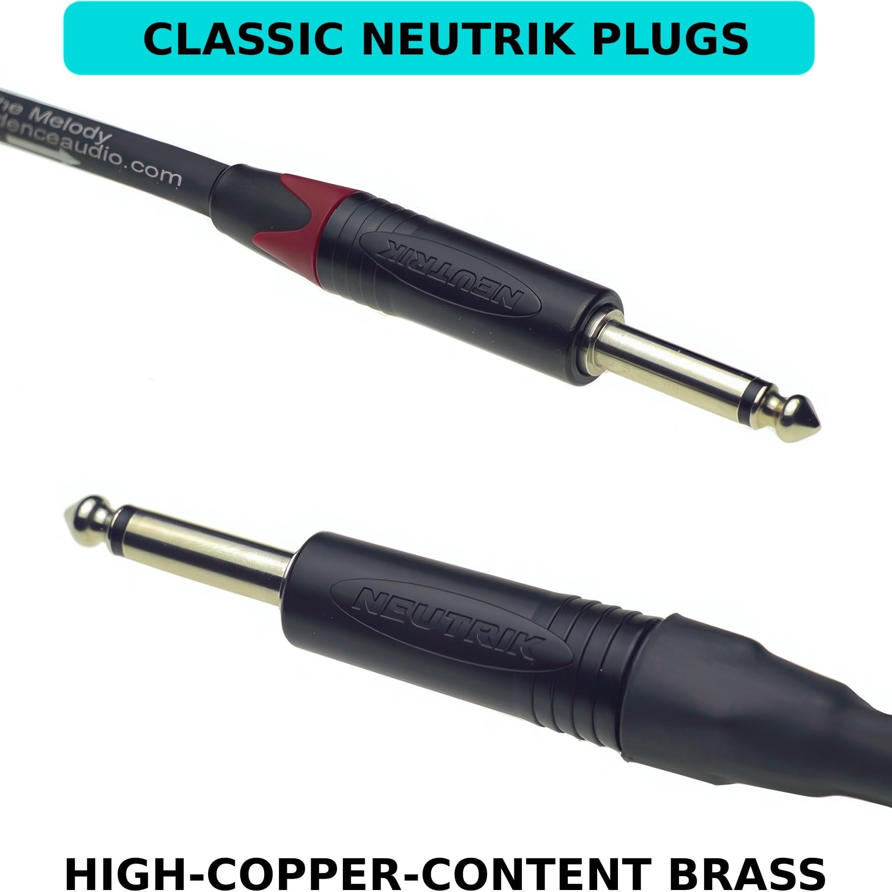 Close-up of Evidence Audio Melody cable's right-angle and straight Neutrik plugs, high-copper-content brass (10 ft, straight-to-straight)
