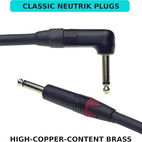 Close-up of Evidence Audio Melody cable's right-angle and straight Neutrik plugs, high-copper-content brass (20 ft, right-to-straight)