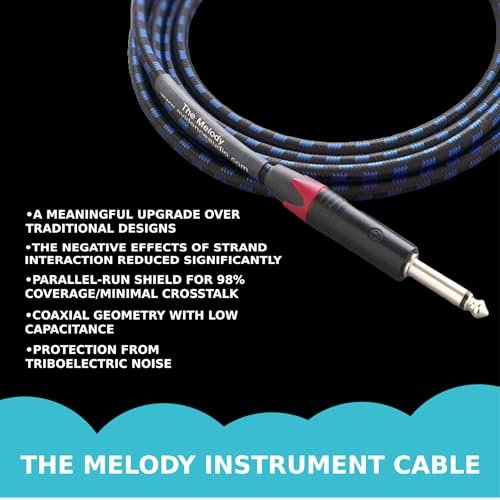 Evidence Audio Melody Instrument Cable feature graphic listing benefits: parallel-run shield, low capacitance coaxial geometry, triboelectric noise protection (20 ft, right-to-straight)