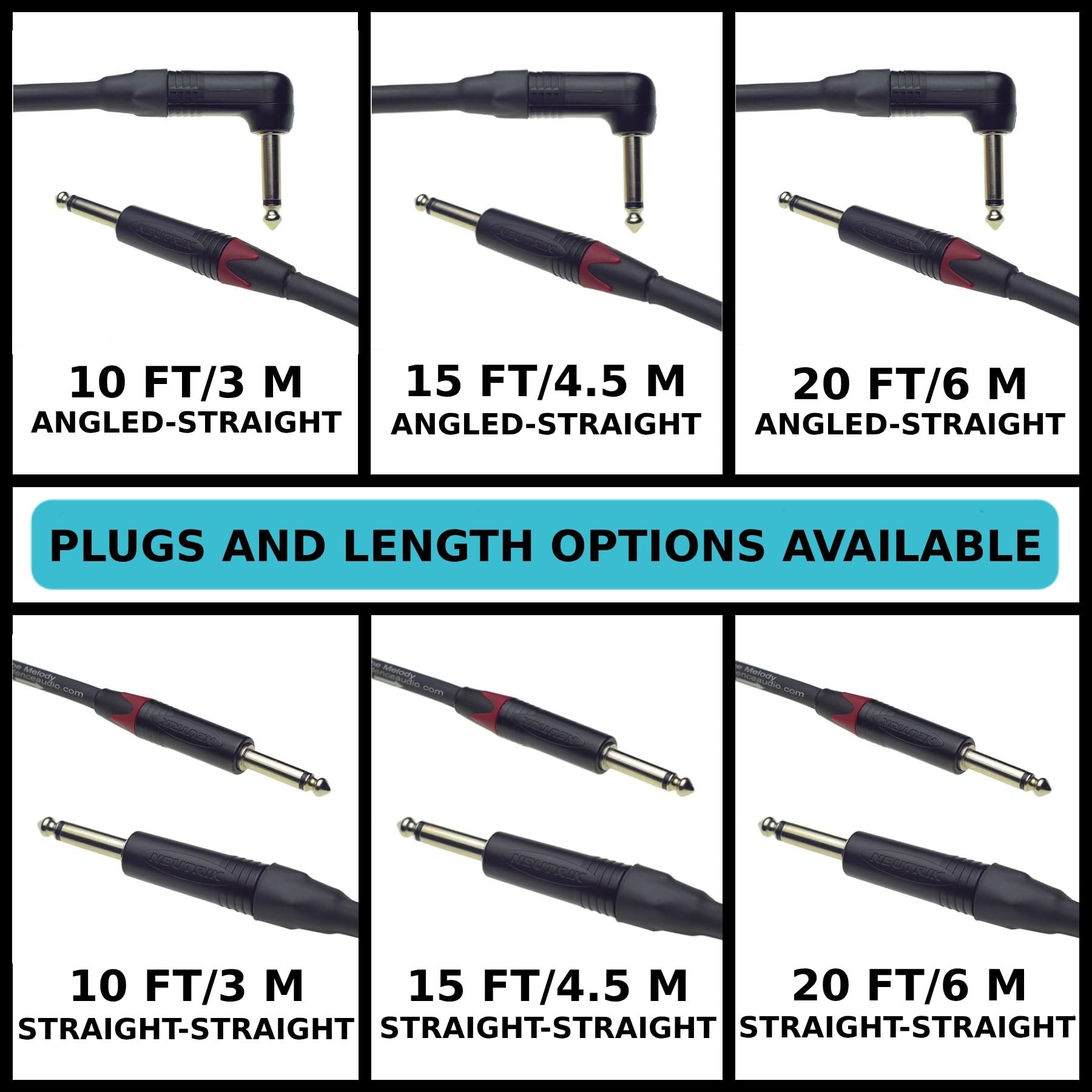 Chart of available Evidence Audio Melody cable length and plug configuration options: 10/15/20 ft, angled-straight or straight-straight