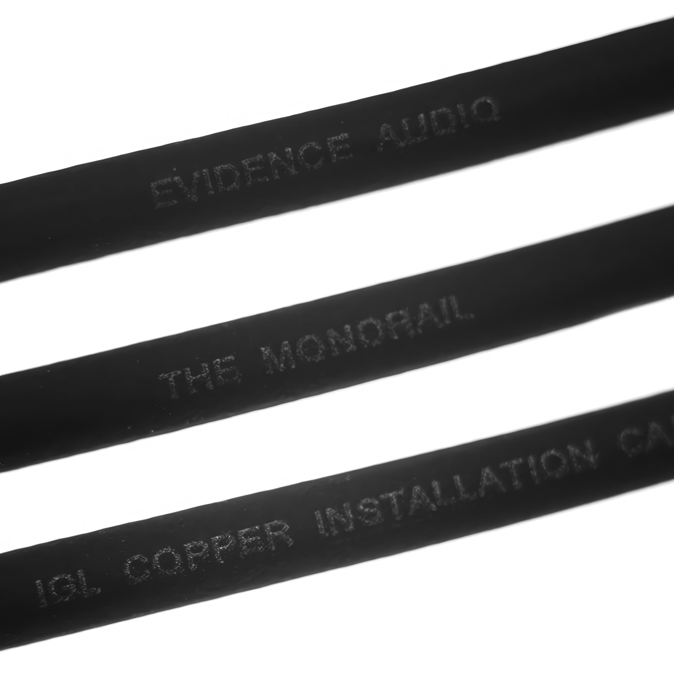 Evidence Audio Monorail cable jacket printing showing brand name and cable type (10 ft, graphite black)