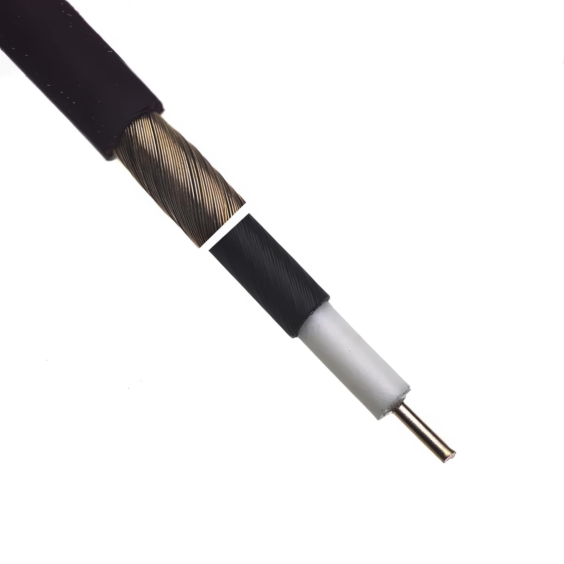 Close-up of Evidence Audio Monorail cable end showing shield braid and plug barrel, burgundy cable (10 ft)