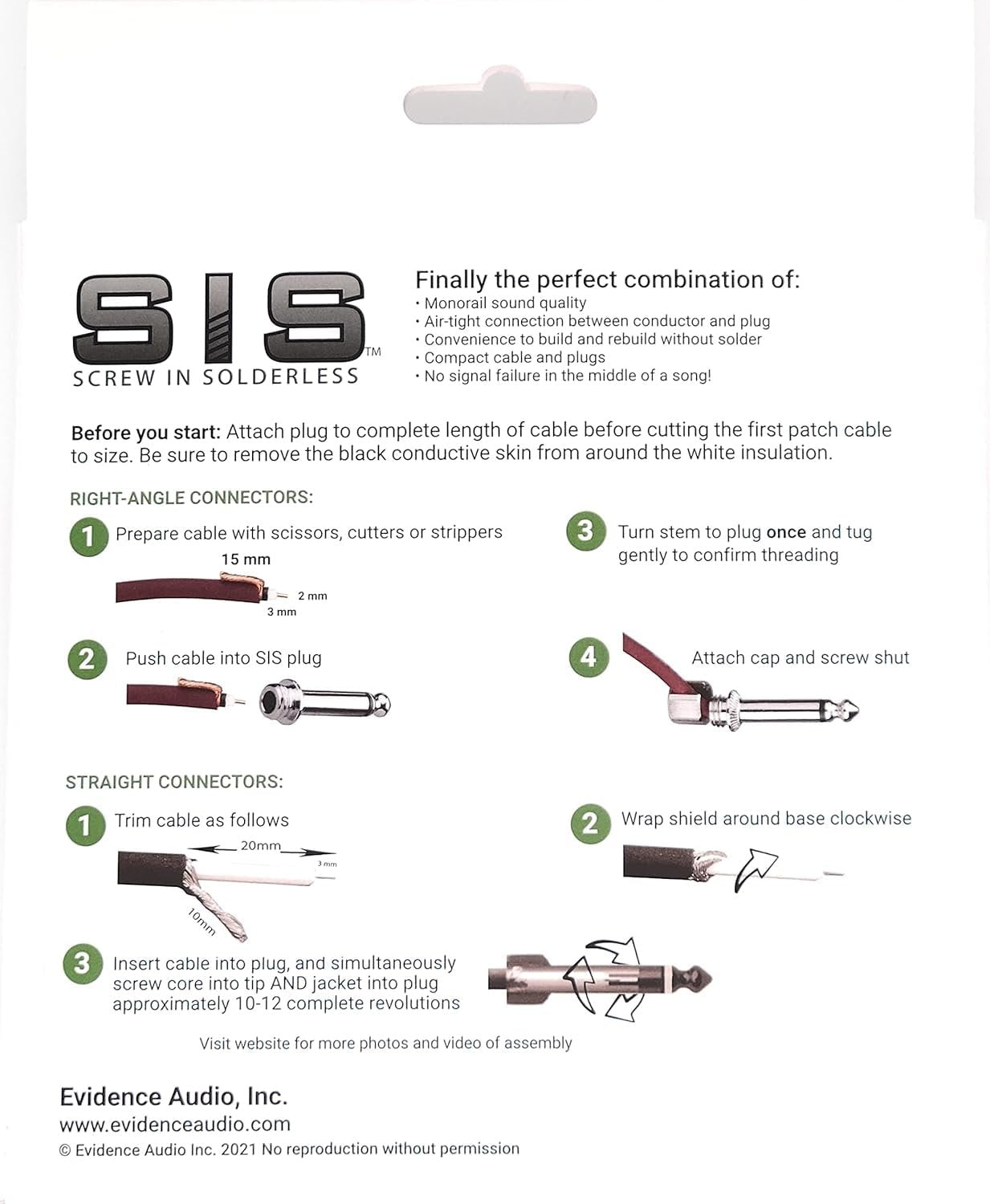 Instruction diagram for assembling Evidence Audio SIS solderless right-angle plugs (10plugs, 10 ft, black)