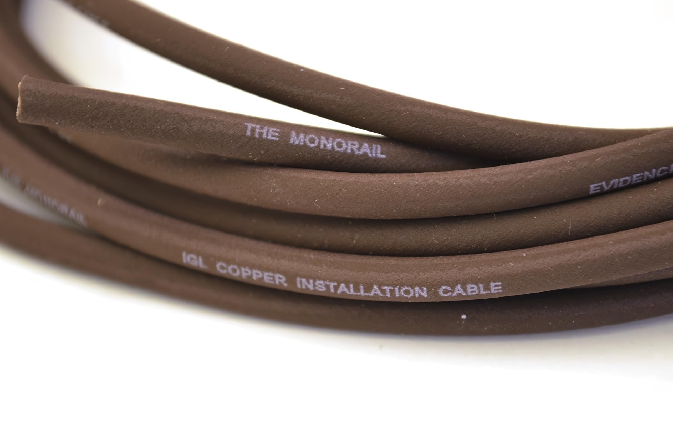 Close-up of Evidence Audio Monorail cable jacket text on burgundy cable (10plugs, 10 ft)
