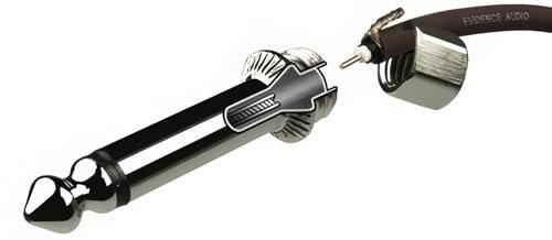 Evidence Audio Monorail right-angle plug attached to burgundy cable end (8plugs, 5 ft)