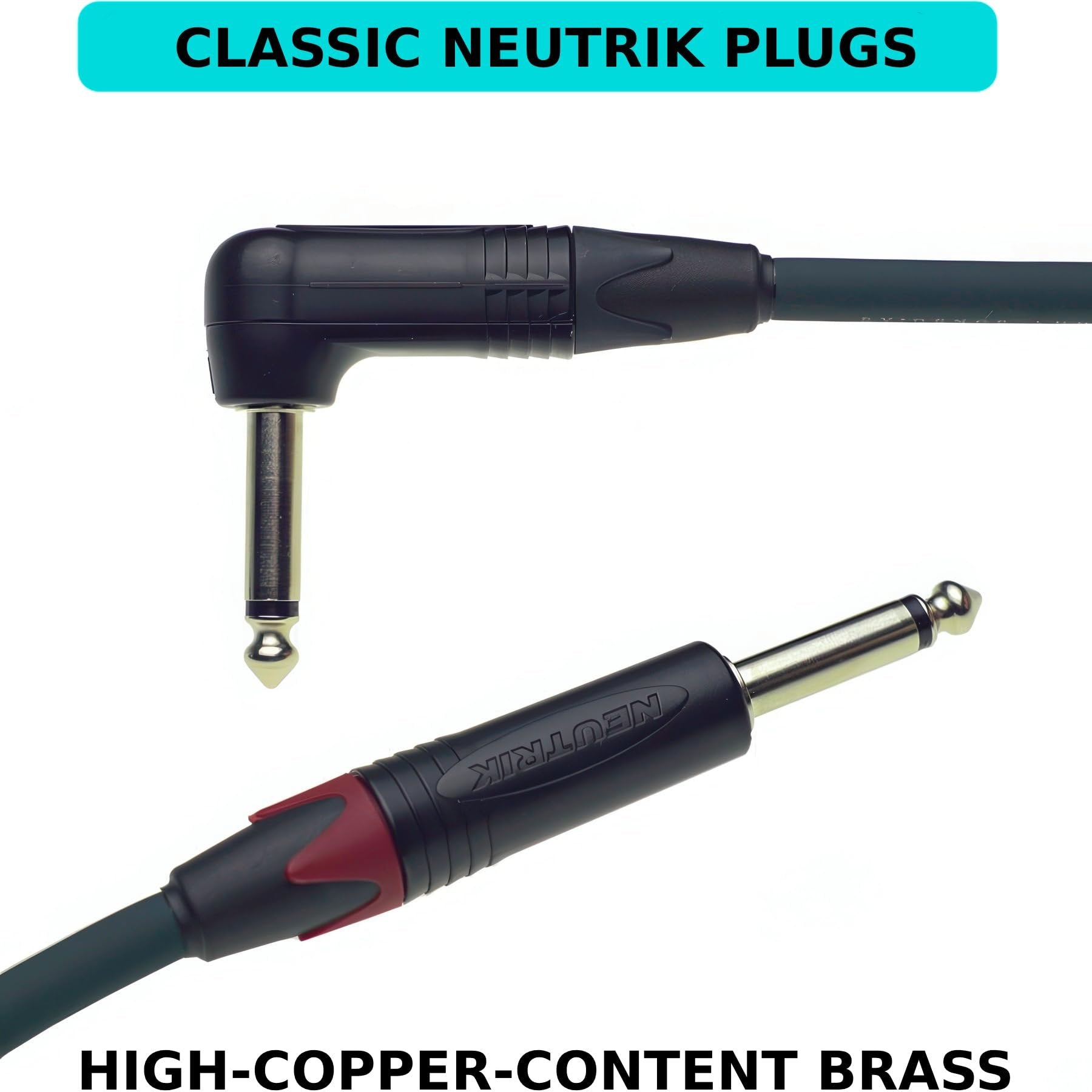 Close-up of Evidence Audio Reveal cable's right-angle and straight Neutrik plugs, high-copper-content brass (10 ft, right-to-straight)