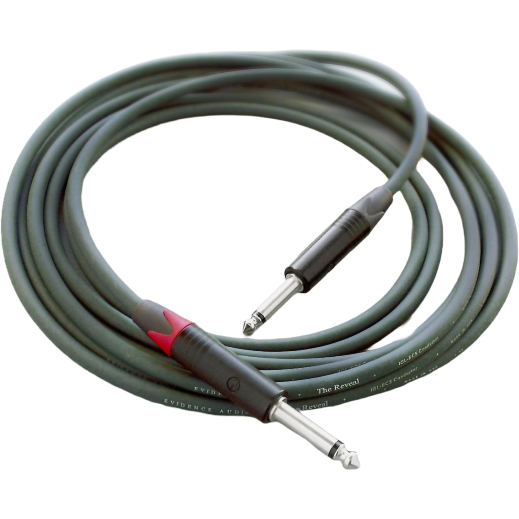 Evidence Audio Reveal instrument cable coiled, olive-green jacket, straight plug (10 ft, straight-to-straight)