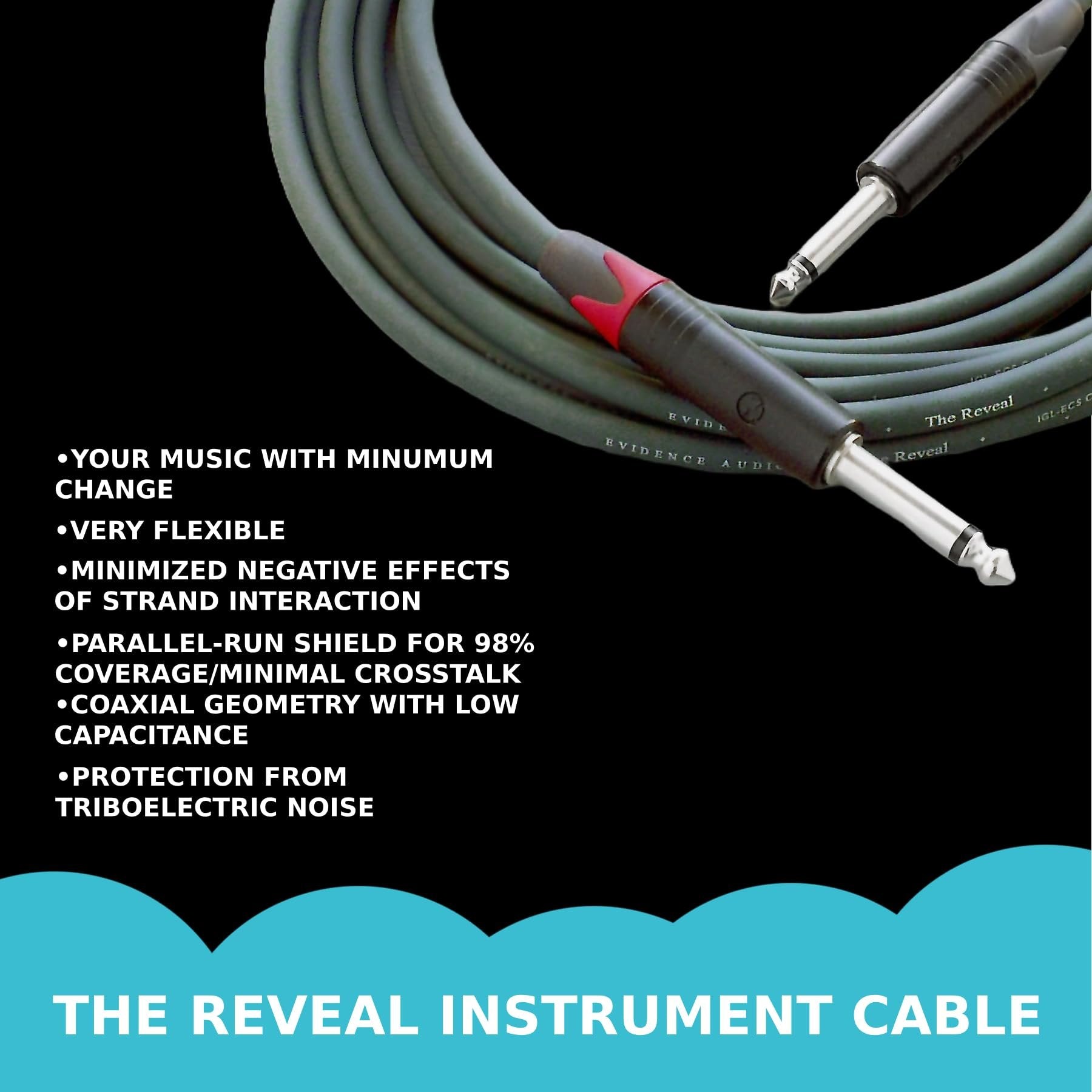 Evidence Audio Reveal Instrument Cable feature graphic listing benefits: minimum tonal change, flexible design, parallel-run shield, low capacitance (10 ft, straight-to-straight)