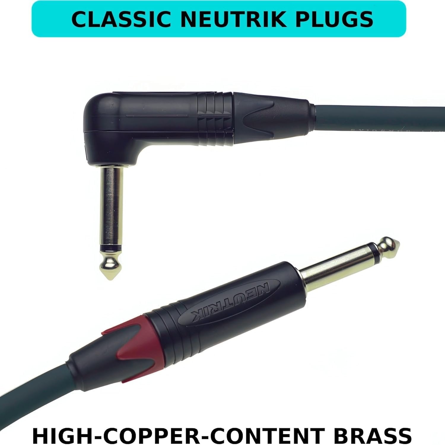 Close-up of Evidence Audio Reveal cable's right-angle and straight Neutrik plugs, high-copper-content brass (15 ft, right-to-straight)